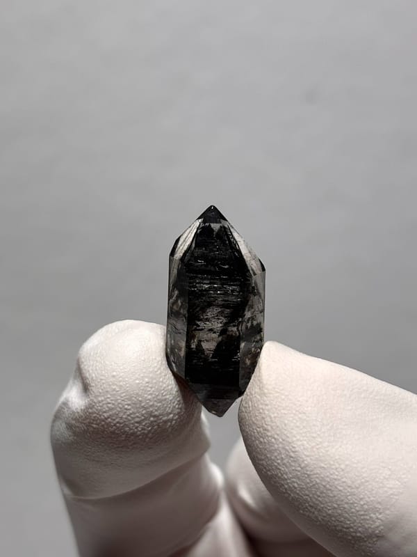 Tiny black double-terminated quartz from Yunnan, China, held in gloved hand