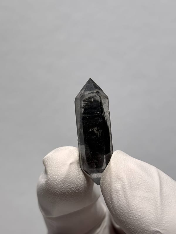 Black double-terminated quartz with clear tip from Yunnan, China, held in gloved hand