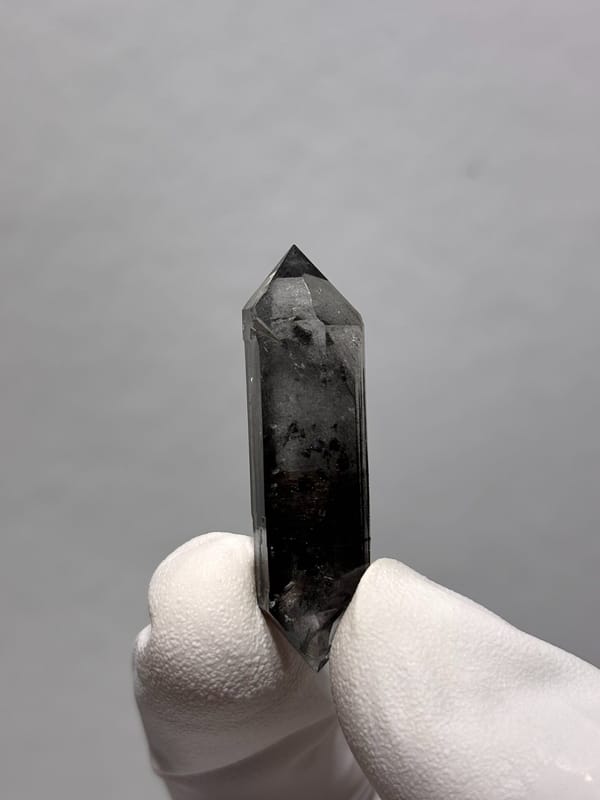 Black double-terminated quartz with clear rim from Yunnan, China, held in gloved hand