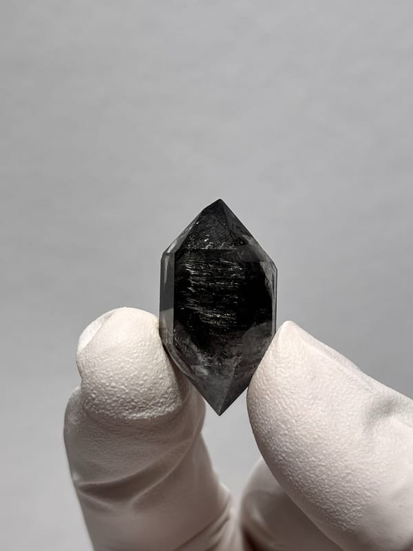 Stout black double-terminated quartz from Yunnan, China, top view