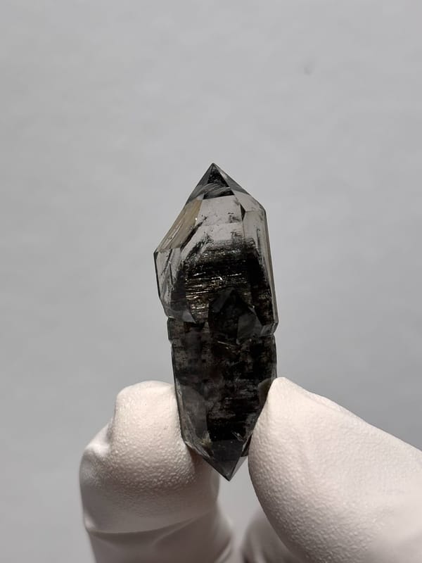 Black double-terminated quartz with golden flecks from Yunnan, China, held in gloved hand