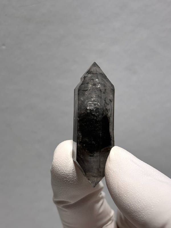 Black double-terminated quartz with clear rim from Yunnan, China, held in gloved hand