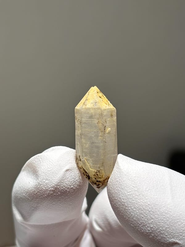 Tiny golden-capped double-terminated quartz from Yunnan, China, held in gloved hand
