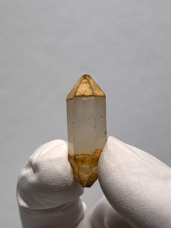 Orange-capped double-terminated quartz with flowered tips from Yunnan, China, second angle