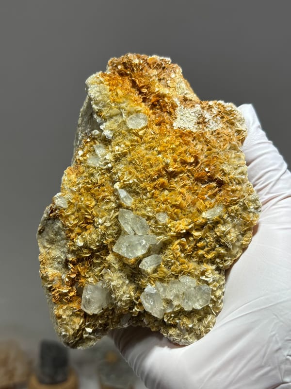 Golden mica plate with pale aquamarine crystals from Xuebaoding, Sichuan, China, second angle