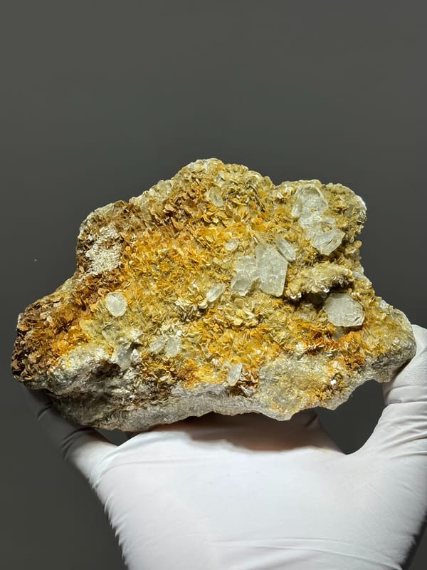Golden mica plate with pale aquamarine crystals from Xuebaoding, Sichuan, China, reverse side