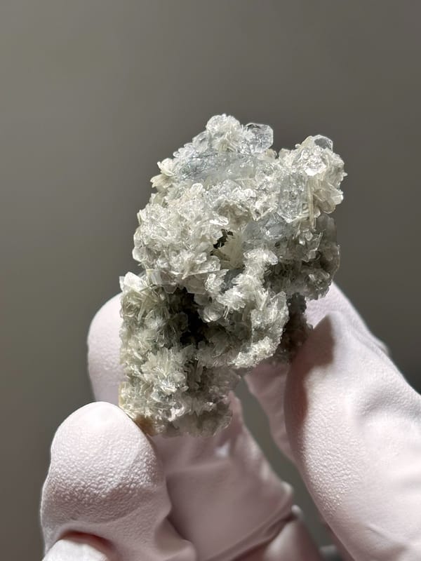 Small aquamarine crystals on pale mica cluster from Xuebaoding, Sichuan, China, held in gloved hand