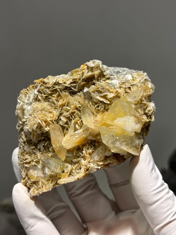 Golden mica plate with pale aquamarine crystals from Xuebaoding, Sichuan, China, second angle