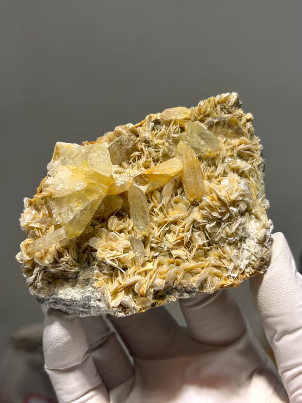 Golden mica plate with pale aquamarine crystals from Xuebaoding, Sichuan, China, close-up of the crystal faces