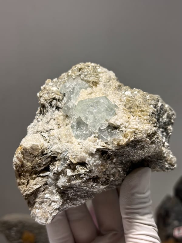 Free-standing mica block with pale blue aquamarine from Xuebaoding, Sichuan, China, second angle
