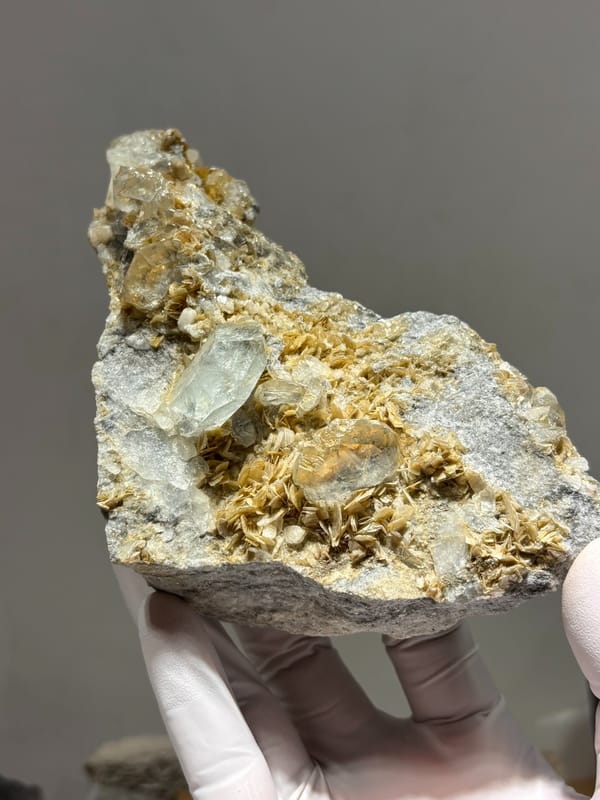 Mica plate with pale aquamarine crystal from Xuebaoding, Sichuan, China, held in gloved hand