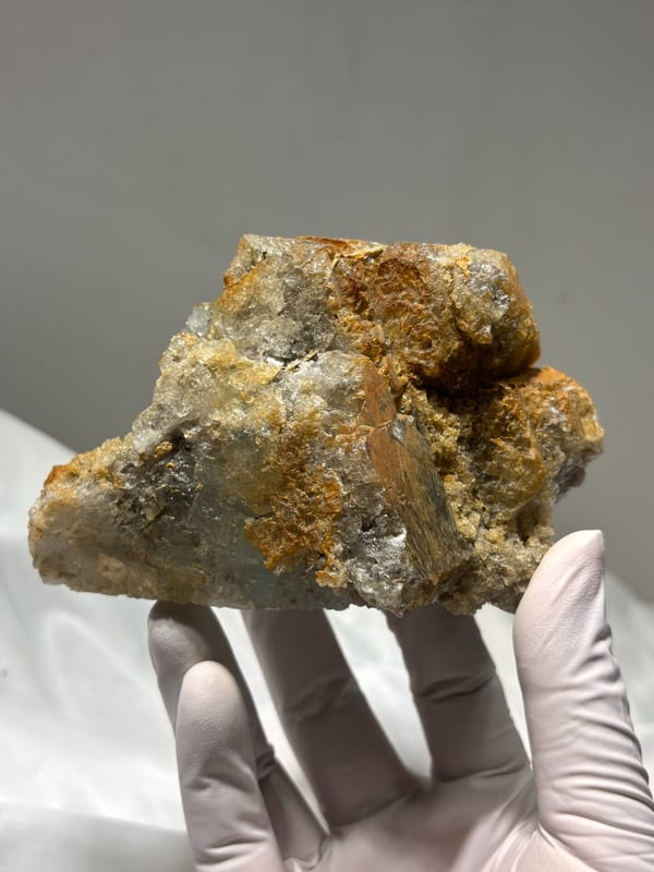 Aquamarine block with rusty matrix from Xuebaoding, Sichuan, China, top view