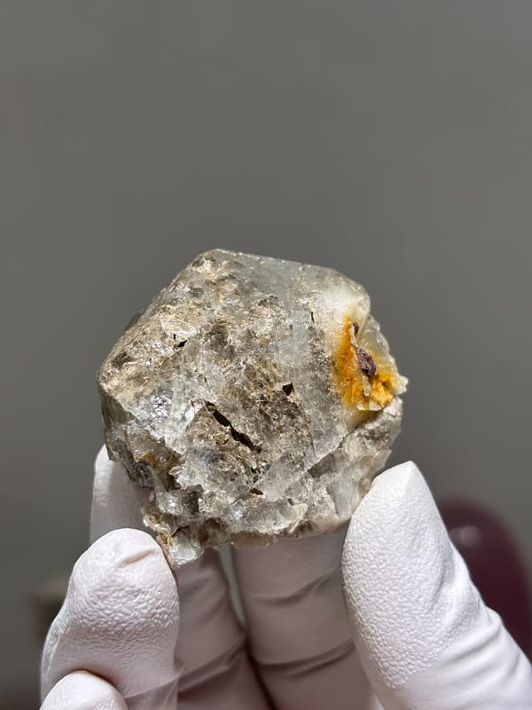 Etched pale aquamarine with clay-filled pocket from Xuebaoding, Sichuan, China, second angle