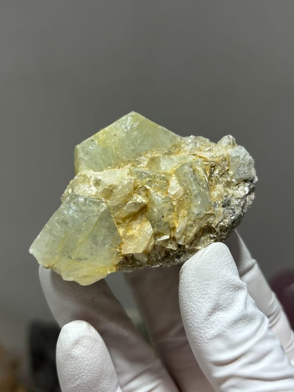 Glassy aquamarine group with golden mica from Xuebaoding, Sichuan, China, held in gloved hand