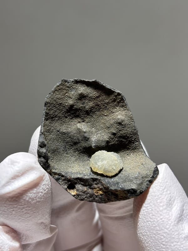 Single botryoidal calcite ball on dark rock from Zhejiang, China, held in gloved hand