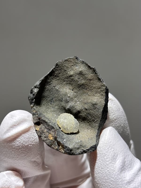 Single botryoidal calcite ball on dark rock from Zhejiang, China, second angle