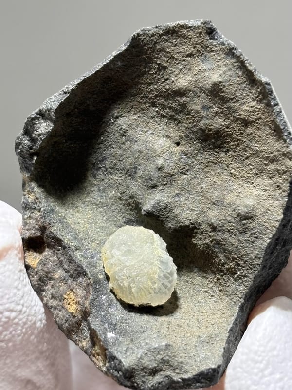 Single botryoidal calcite ball on dark rock from Zhejiang, China, close-up of the crystal faces