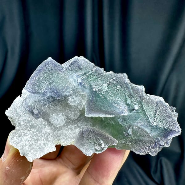Row of purple and green zoned fluorite octahedra on quartz from Fujian, China, reverse side