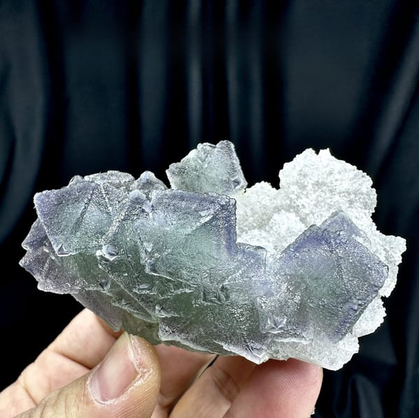 Row of purple and green zoned fluorite octahedra on quartz from Fujian, China, detail of the matrix contact
