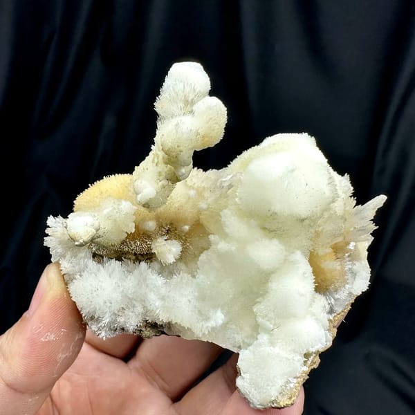 Snow-white aragonite tufts on yellow calcite from Guizhou, China, held in hand