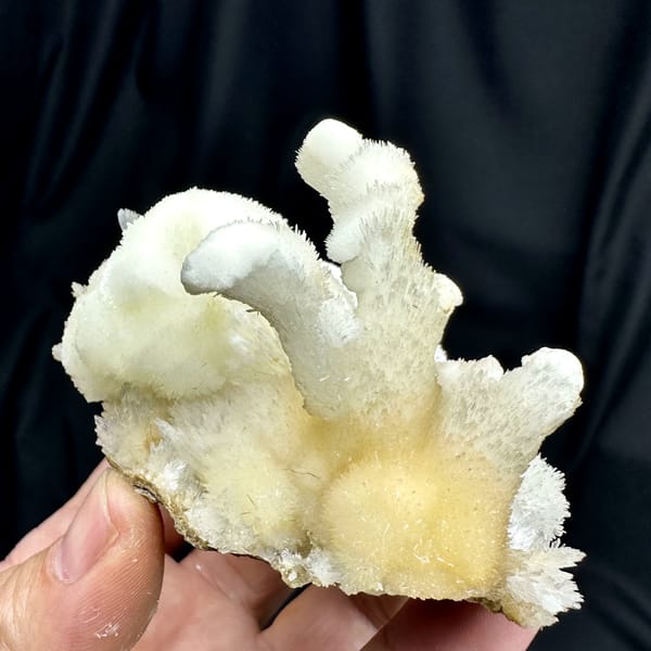 Snow-white aragonite tufts on yellow calcite from Guizhou, China, close-up of the crystal faces