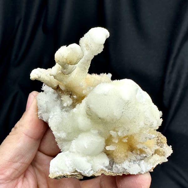 Snow-white aragonite tufts on yellow calcite from Guizhou, China, reverse side
