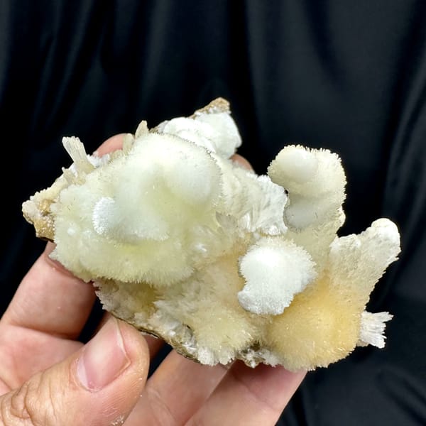 Snow-white aragonite tufts on yellow calcite from Guizhou, China, top view