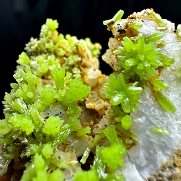 Lime-green pyromorphite crystal rosettes on grey matrix from Guangxi, China, second angle