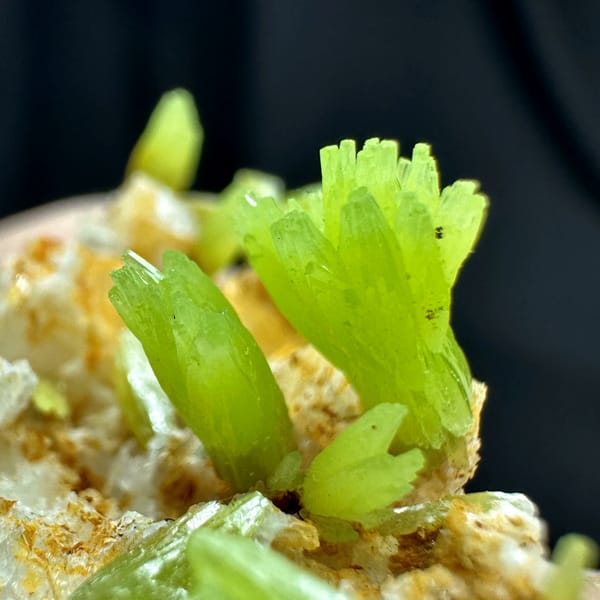 Lime-green pyromorphite tufts on white quartz matrix from Guangxi, China, second angle