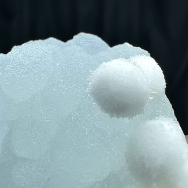 Powder-blue botryoidal aragonite with white aragonite from Yunnan, China, second angle