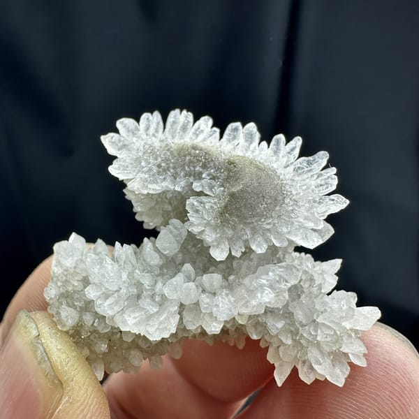 Sunflower-shaped radiating calcite crystals from Guizhou, China, detail of the matrix contact
