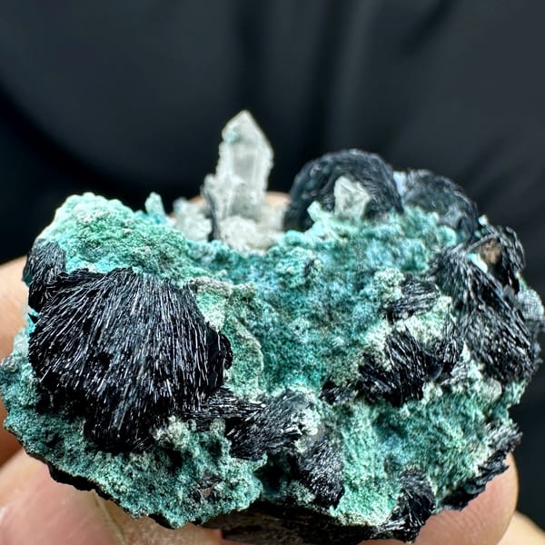Green malachite with black specular hematite rosettes and quartz from Inner Mongolia, China, second angle