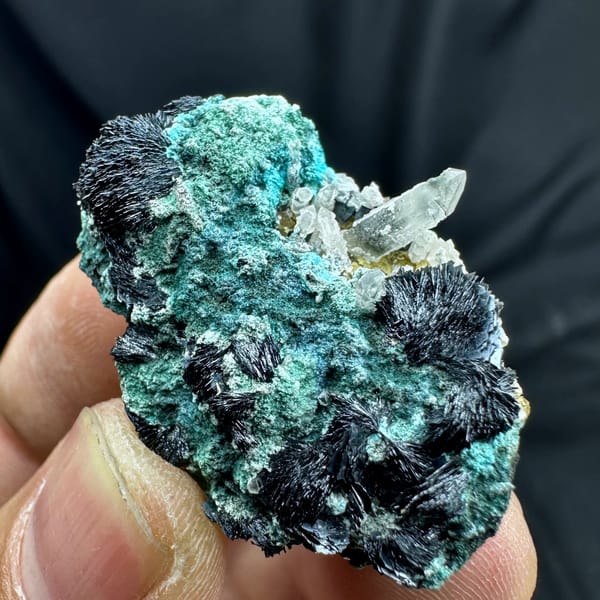 Green malachite with black specular hematite rosettes and quartz from Inner Mongolia, China, reverse side