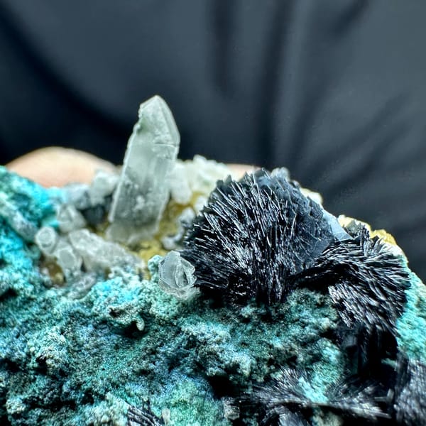 Green malachite with black specular hematite rosettes and quartz from Inner Mongolia, China, top view
