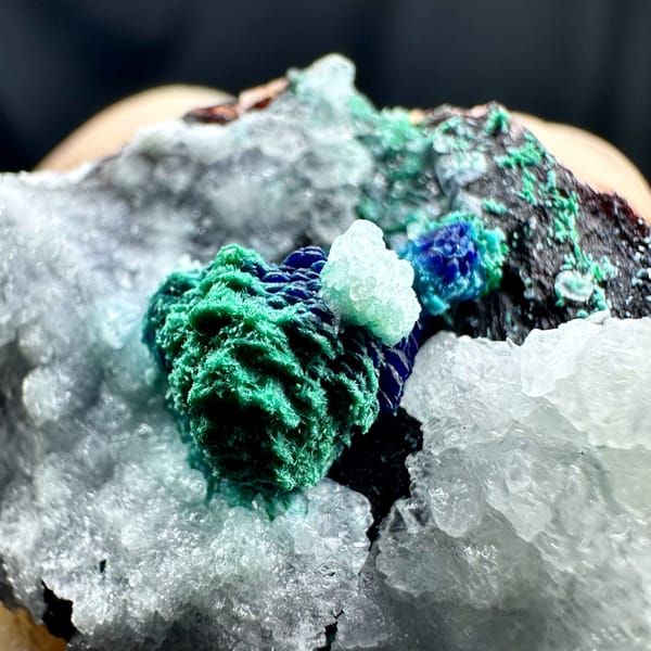 Malachite rosette with azurite on white calcite from Morocco, reverse side