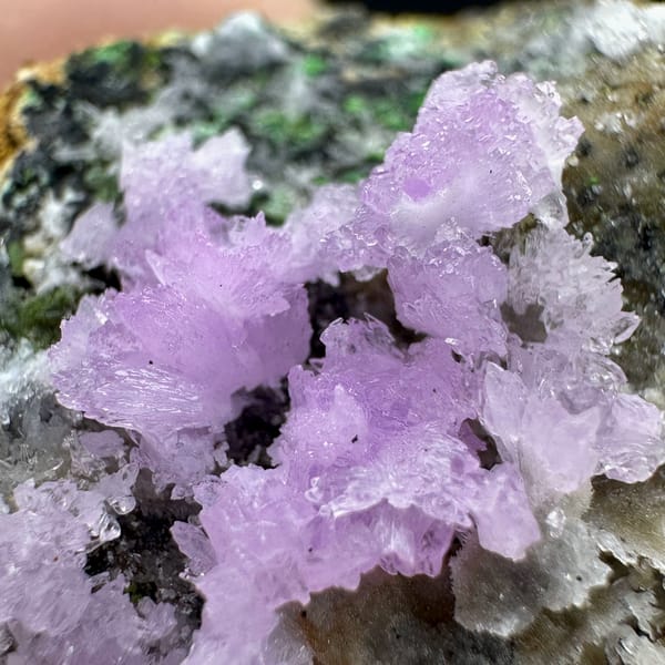 Pink aragonite sprays with green malachite on grey matrix from Yunnan, China, reverse side