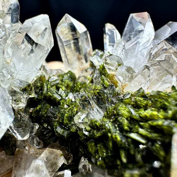 Transparent quartz cluster with green epidote from Sichuan, China, second angle
