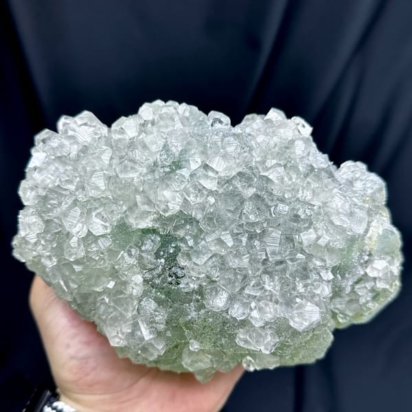 Large pale green sugar-textured fluorite floater with calcite from Fujian, China, reverse side