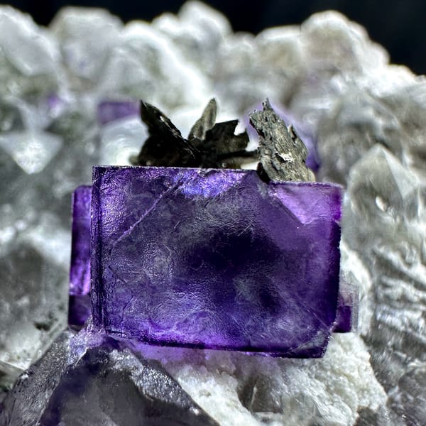 Deep purple fluorite cube on quartz with pyrrhotite from Yaogangxian Mine, Hunan, China, second angle