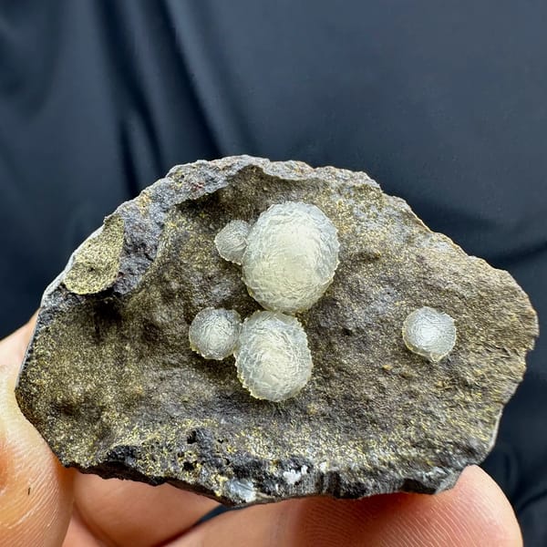 Cream-white botryoidal calcite balls on dark rock from Zhejiang, China, held in hand