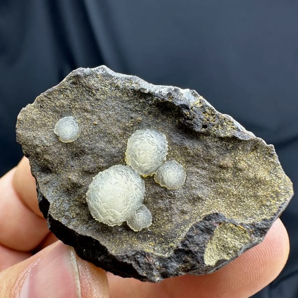 Cream-white botryoidal calcite balls on dark rock from Zhejiang, China, top view