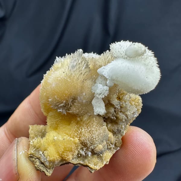 Swan-shaped yellow and white two-tone aragonite from Guizhou, China, close-up of the crystal faces