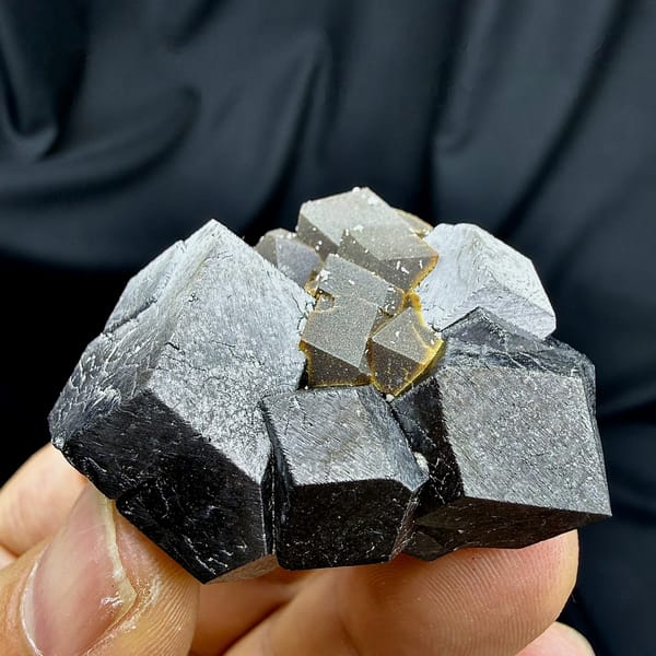 Black magnetite dodecahedral crystals with garnet from Inner Mongolia, China, held in hand