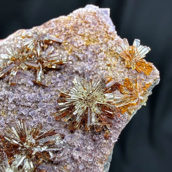 Creedite chrysanthemum sprays on lavender fluorite from Guizhou, China, reverse side