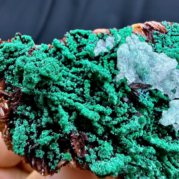 Velvet green malachite with blue azurite knot and baryte from Morocco, close-up of the crystal faces