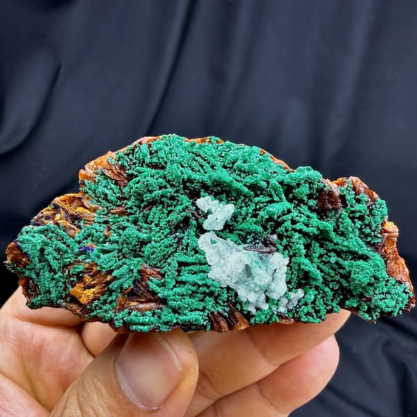 Velvet green malachite with blue azurite knot and baryte from Morocco, reverse side