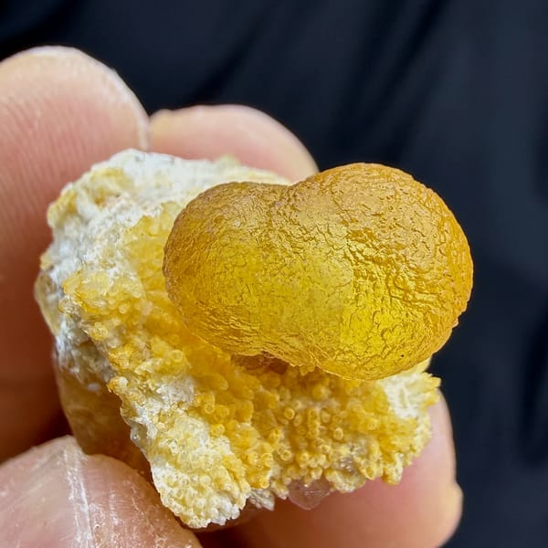 Golden-yellow botryoidal fluorite ball on white quartz from Henan, China, second angle