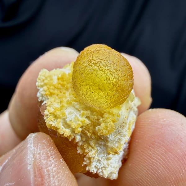 Golden-yellow botryoidal fluorite ball on white quartz from Henan, China, reverse side