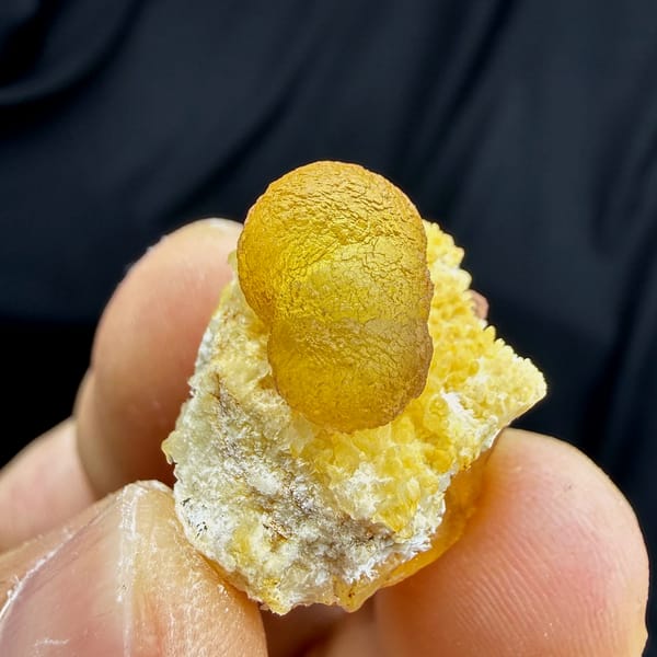 Golden-yellow botryoidal fluorite ball on white quartz from Henan, China, top view