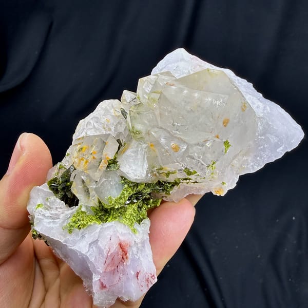 Milky garden quartz crystals with green epidote from Sichuan, China, top view